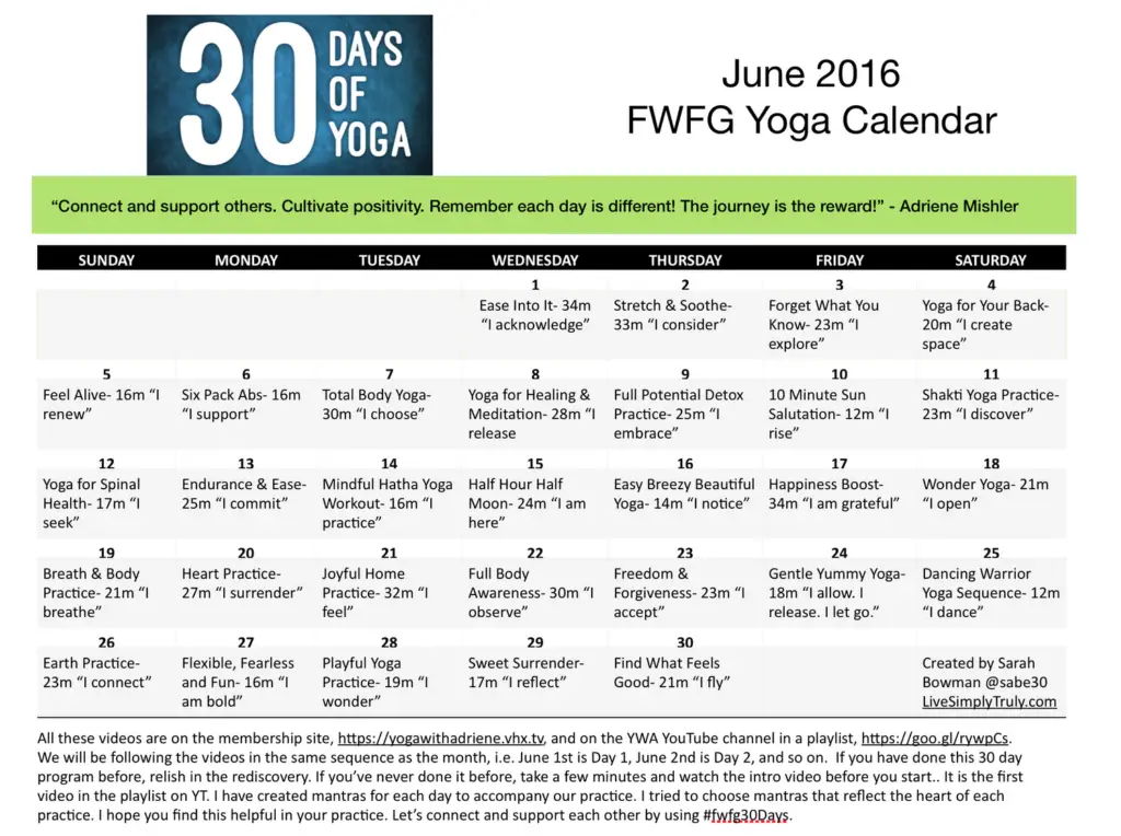 Original 30 Days of Yoga with Adriene calendar